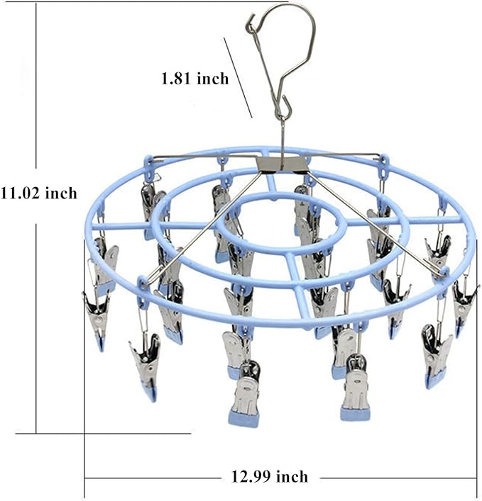 Stainless Steel Clothes Sock Drying Rack with 24 Clips, Swivel Hook Windproof Clothes Hanger Rack for Sock, Bras, Towel, Underwear, Laundry Clothes, Hat, Scarf, Pants, Gloves (Blue Clips)