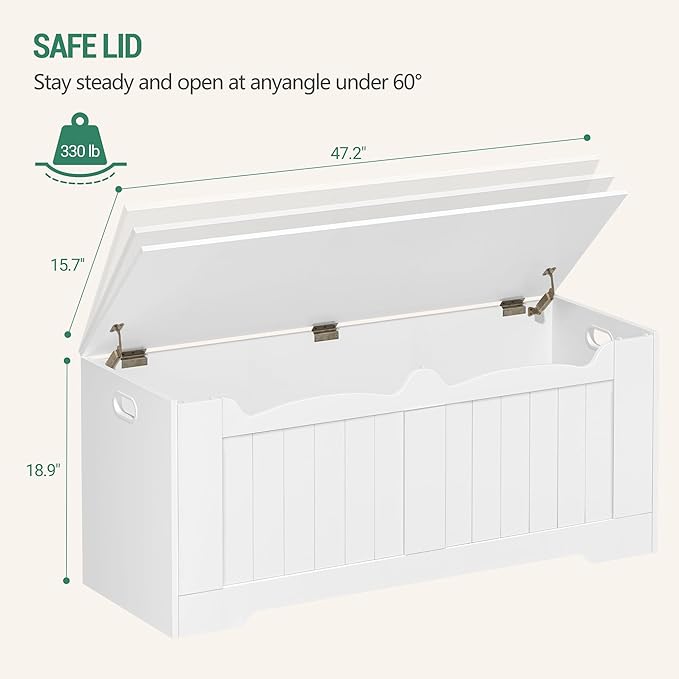 47.2" Storage Chest, Extra Large Storage Bench Trunk with 2 Hinges, Wooden Box, Lift-Top Chest Organizer, Shoe Bench for Entryway, Bedroom, Living Room, White SB28603X
