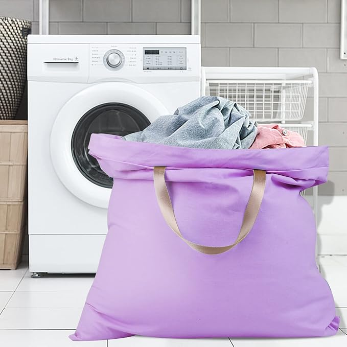 Sanlykate Large Canvas Cotton Laundry Bag with Drawstring & Handles, Heavy Duty Durable Dirty Clothes Organizer, Tear Resistant Hamper Liner Storage Bag, Travel Sack, 25.5 x 34inch - Purple