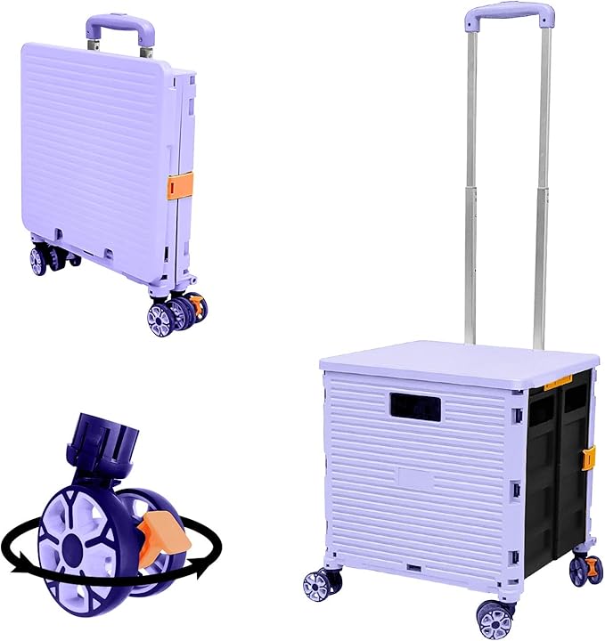 FELICON SELORSS Foldable Utility Cart Folding Portable Rolling Crate Handcart with Durable Heavy Duty Plastic Telescoping Handle Collapsible 4 Rotate Wheels for Travel Shop Move Luggage Office(Purple