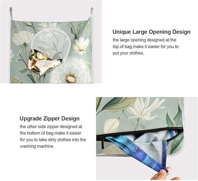 Sage Green Dandelions Spring Hanging Laundry Hamper Bag with Adjustable Stainless Steel Hooks Dirty Clothes Wall Hampers Over the Door Extra Large 29.5X20inch 1 PCS
