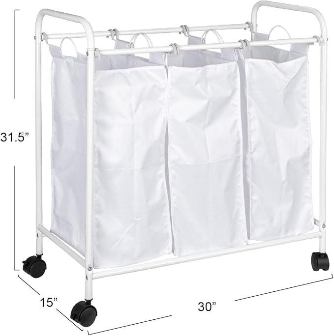Household Essentials Rolling Triple Laundry Sorter, White