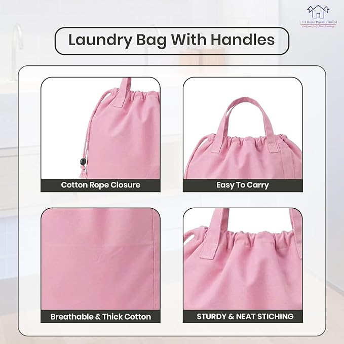 LFH Home Large Premium Cotton Canvas Laundry Bag with Drawstring and Handles Heavy Duty, Multi-Use, Washable for Home, Travel, College or Storage 28x40 (Pack of 2)-Pink