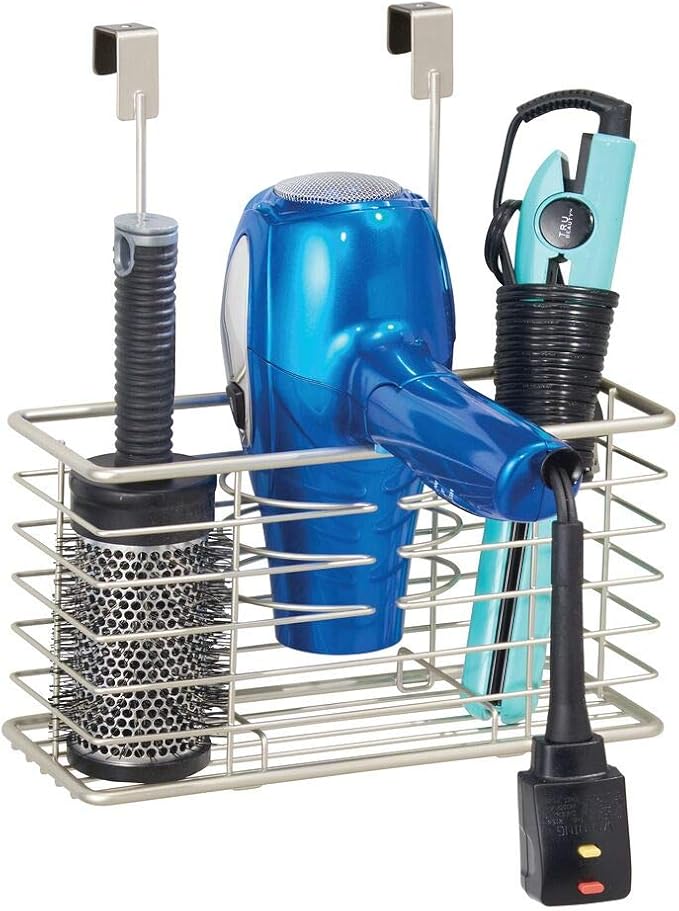 mDesign Steel Over Cabinet/Door Hair Dryer Holder Storage, Hair Styling Tool Organizer Basket for Bathroom - Blow Dryer, Flat Iron, Curling Wand, Straightener, Linelle Collection - Satin