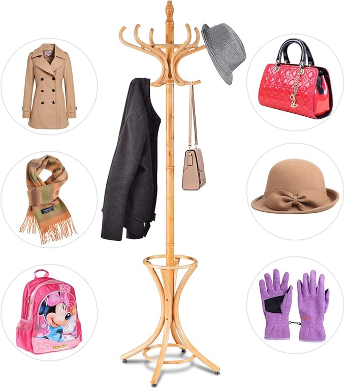 GOFLAME 73" Coat Rack Freestanding, Wooden Coat Tree with 12 Hooks and Umbrella Stand, Entryway Hall Tree, Hat Hanger Organizer, Coat Rack Stand for Coats, Hats, Scarves, Bags, Easy Assembly, Oak