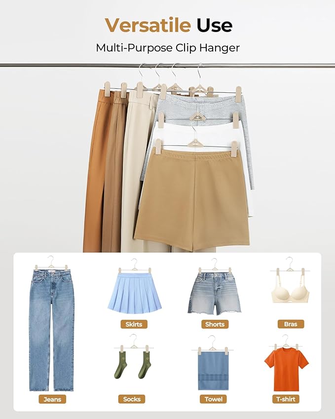 Pants Hangers with Clips 50 Pack - Space Saving Stackable Shorts Skirt Hangers with Clips - Non-Slip, Adjustable for Men, Women, Kids, Children, Baby, Beige