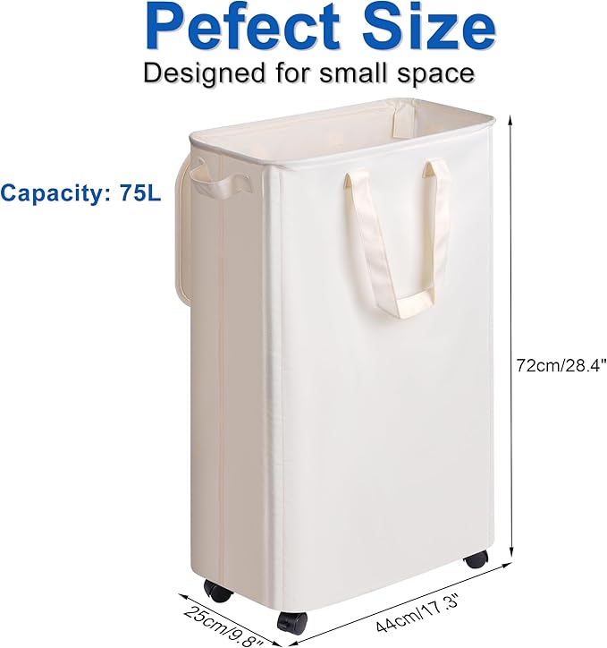 Slim Laundry Hamper with Lid and Wheels, Small Rolling Laundry Basket with Handle for Small Spaces, Tall Dirty Clothes Hampers for Dorm, Bathroom and Bedroom, 75L, Beige