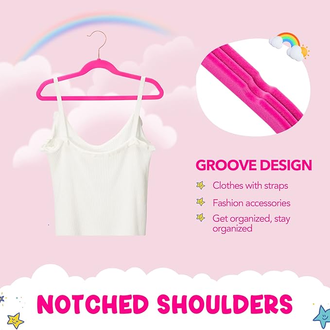 HOUSE DAY Velvet Kids Hangers 60 Pack, Premium Childrens Hangers for Closet, Ultra Thin Cute Clothes Hanger, Non Slip Small Felt Hanger 14 Inch for Kids Clothes, Hot Pink