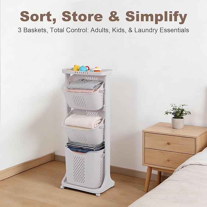 3-Tier Laundry Sorter Cart with Wheels, Large 75L Capacity Hamper Organizer, Rolling Storage with Removable Mesh Bins for Heavy Duty Use in Home, Dorm, Apartment (17.32"x13.1"x42.59")