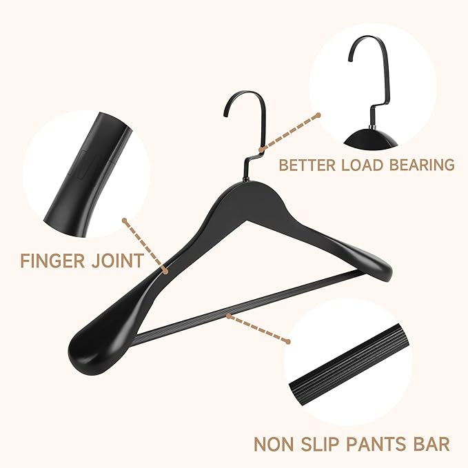 36-Pack Premium Wide Shoulder Wooden Suit Hangers, 16" Heavy-Duty Solid Wood Coat Hangers with Pant Bar for Women's Heavy Garments, Blazers, Jackets (Black)