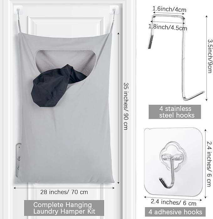 2 Pcs Large Hanging Laundry Hamper Bag 28 x 35 in Over The Door Hamper Space Saving Hanging Laundry Bag Basket with Hooks for Wall Dirty Clothes Storage RV Room, 2 Color