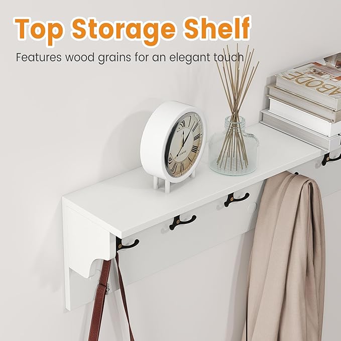 Giantex Coat Rack Wall Mount, 31.5" Wooden Coat Hooks with Shelf, Wall Clothes Rack w/ 6 Dual Hooks for Hats Towels Purses Robes, Floating Display Shelf for Living Room Bedroom Entryway, White