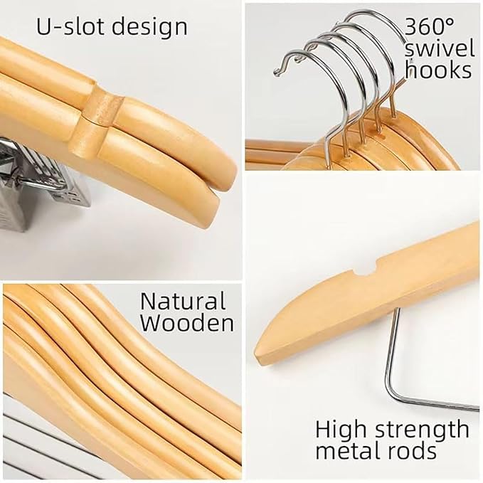 20 Pack Wooden Hangers with Clips High-Grade Wooden Suit Hangers Skirt Hangers with Clips S Wood Hanger with Durable Metal Clips for Blouse, Dress, Coat, Jacket (Natural,20)