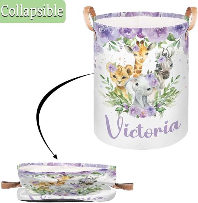 Personalized Laundry Basket, Custom Gift Laundry Hamper, Collapsible Nursery Waterproof Laundry Baskets, Dirty Clothes Toy Hamper with Handles Jungle Animal Purple Floral