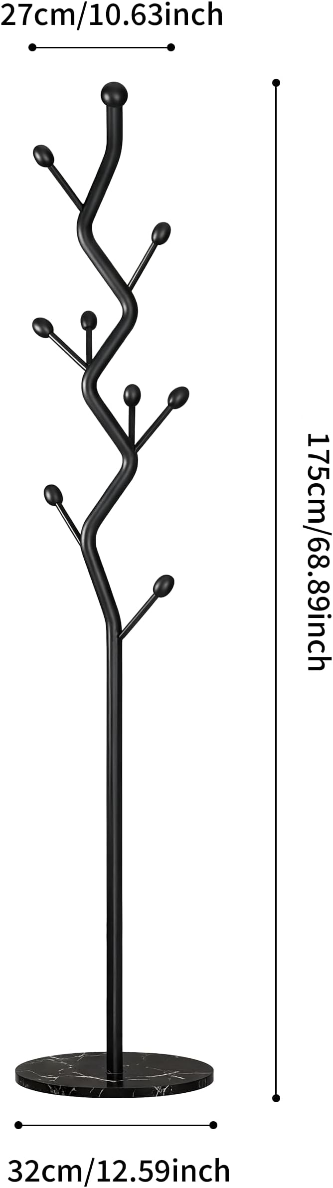 68.9 Inch Tall Modern coat Rack,Black Freestanding coat Rack Tree,Heavy-Duty Metal Coat Rack Stand with Sturdy Marble Base for Entryway,Hallway,Bedroom,Holds Coats Hats Bags Scarves