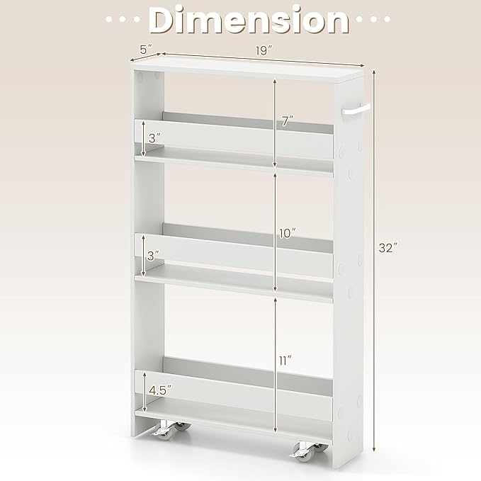 4-Tier Slim Rolling Storage Cart, Wooden Kitchen Utility Cart with Wheels & Handle, Space Saving Trolley, Slide Out Shelving Unit for Narrow Spaces, Laundry, Bathroom (White)