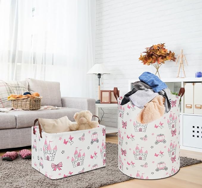 19.7" Laundry Basket,Kids Dirty Clothes Hamper,Waterproof Toys Storage Bin,Room Decor,Gift Baskets,Nursery Hamper(Pink Princess)