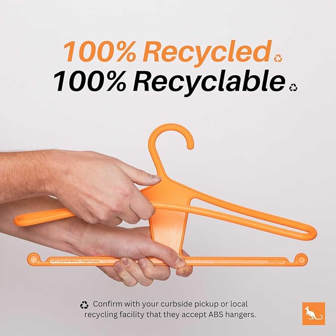Kangaroo™ 100% Recycled High-Strength Clothing Hanger, Pants, Shirt, Suit, Coat - Patented, Heavy Duty, Non-Slip, Hangeroo - Includes Hacks, Tips, Tricks Booklet – Made in USA (Tangerine 10-Pack)