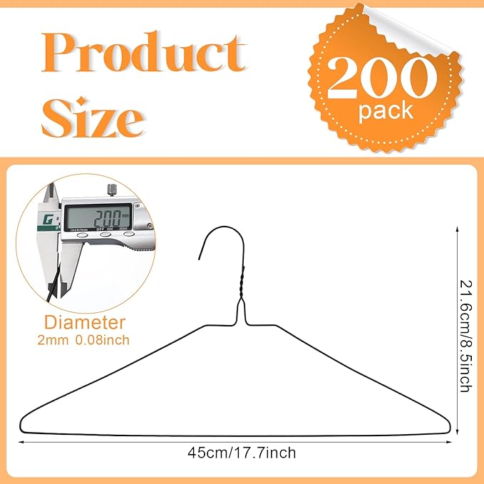 200 Pcs Wire Hangers Bulk 17.7" Dry Cleaner Hangers, Suit Holders for Home Caped Clothing (Black)