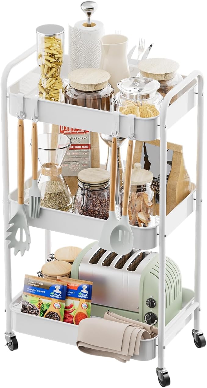 JAQ Makeup Carts, 3-Tier Metal Rolling Utility Storage Organizer Cart Shelf with Wheels for Craft Office Supplies Diapper Snack in Bathroom Kitchen Laundry Classroom Dorm -(3-Tier,White)