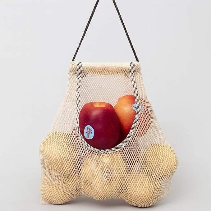 Durable Reusable Hanging Storage Mesh Bags for Fruits, Vegetables, Garlic, Ginger & Potatoes, Kitchen Storage Mesh Bag, Breathable Storage Bags for Pantry, Home Decor & Kitchen Decor (2 white bags)