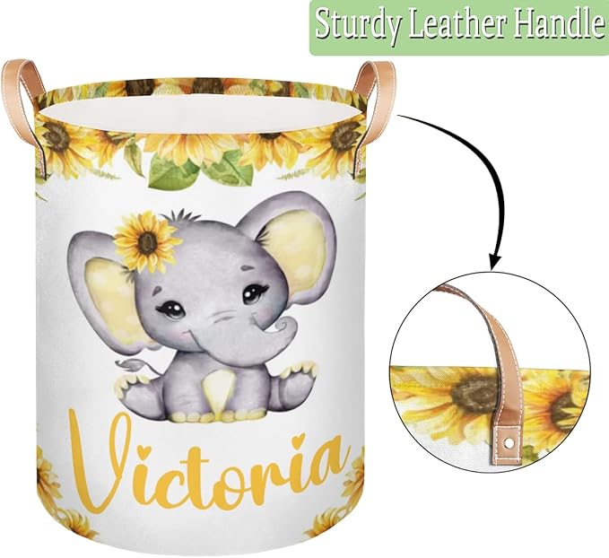 Personalized Laundry Basket, Custom Gift Laundry Hamper, Collapsible Nursery Waterproof Laundry Baskets, Dirty Clothes Toy Hamper with Handles Girl Elephant Sunflower
