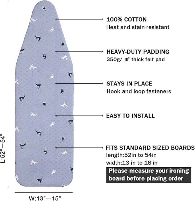 Ironing Board Cover and Pad Standard Size 15 x 54,3 Pairs of Hook and Loop Fastener Straps,Elastic Edges,2 Layers Ironing Board Cover with Thick Padding (Pattern A)