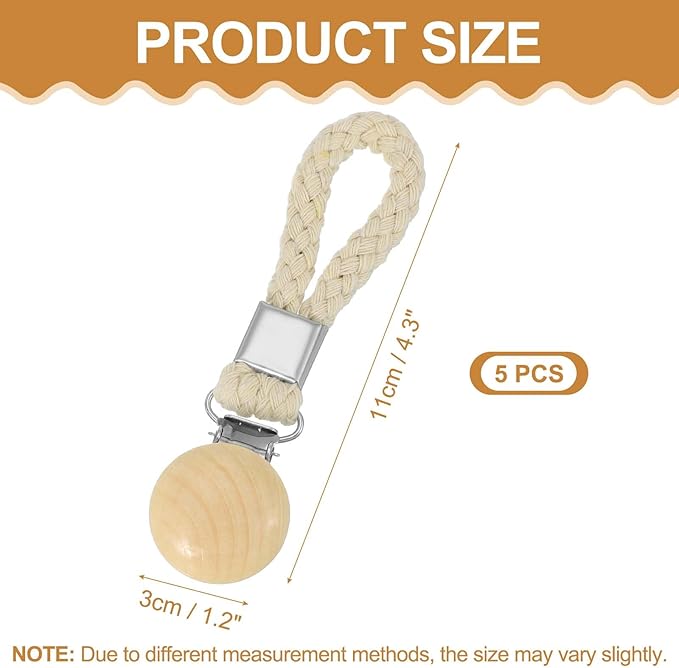 uxcell 5 Pcs Tea Towel Clips with Cotton Loop for Hanging, 4.3 Inch Metal Towel Hooks Multipurpose Cloth Hangers for Home Kitchen Bathroom, Beige(Wooden)