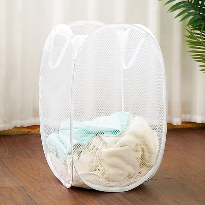 Pack of 2 Pop Up Laundry Hampers, Collapsible Mesh Laundry Baskets, Foldable Clothes Hampers for Bathroom, College Dorm, Travel (White)
