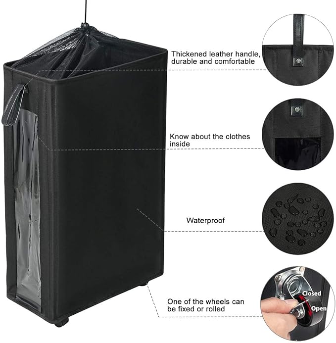 ZERO JET LAG 25 Inches Slim Laundry Storage Hamper - Large Rolling Clothes Hamper - Rolling Storage Bin - Tall Corner Basket - Clear Window Visible - Dirty Laundry Bin - (Black)