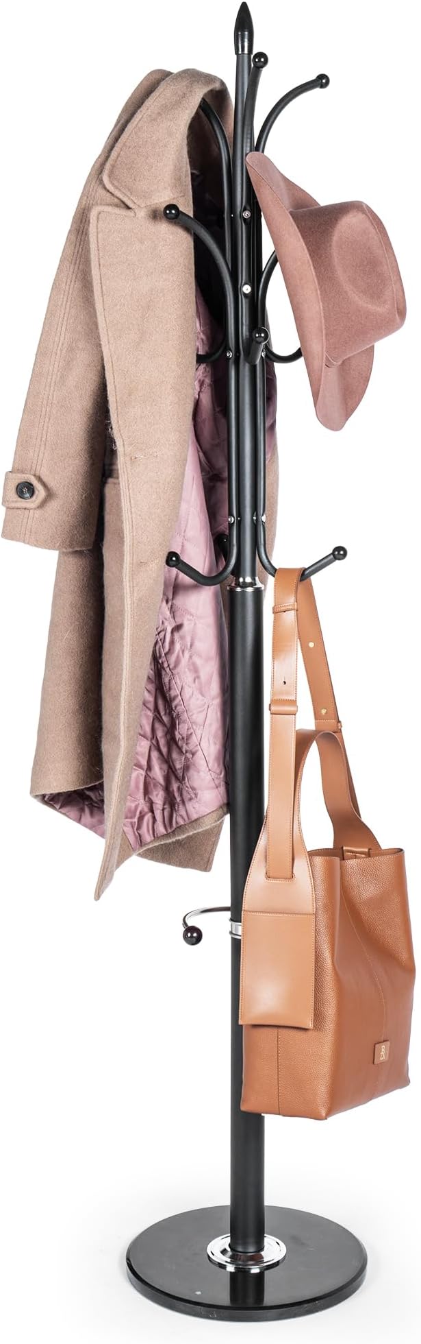 Modern Metal Coat Rack with Sturdy Natural Marble Base for Coat, Jacket, Hat, Cloths, Bags - Freestanding Coat Stand with 12 Hooks & Umbrella Holder for Entryway, Hallway, Corner, Office