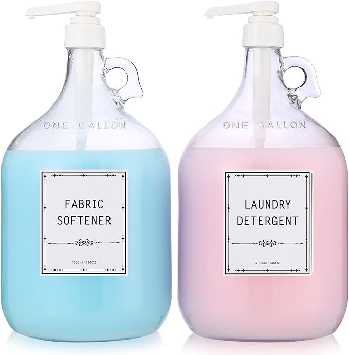 2pcs Glass Liquid Laundry Detergent Dispenser-1 Gallon Glass Pump Bottle Dispensers-Laundry Detergent Dispenser for Fabric Softener, Bleach, Shampoo, Body Wash- Laundry Soap Dispenser