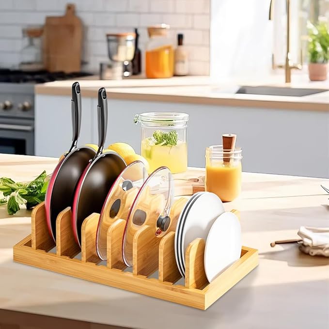 Bamboo Pan Pot Lids Organizer with Dish Drying Mats, Kitchen Organizers and Storage with 6 Dividers, Dish Drainer for Kitchen Counter Holder, Ideal for Pots, Cutting Boards, Mats, Cookware