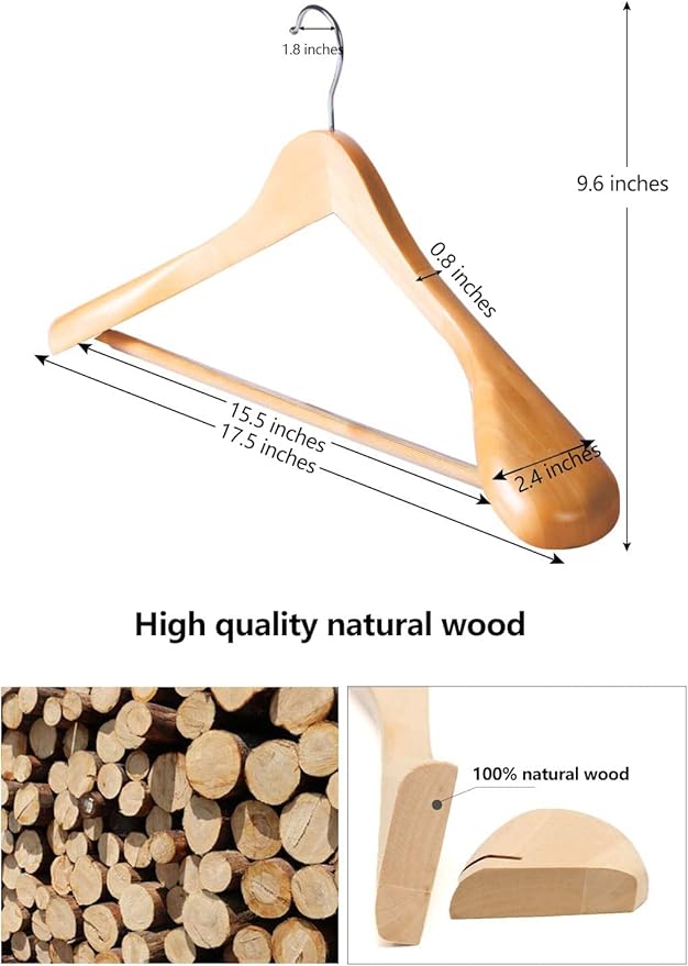 12 Pack Wide Shoulder Wooden Hangers, Suit Hangers with Non Slip Pants Bar, Smooth Finish 360° Swivel Hook Solid Wood Coat Hangers for Dress, Jacket, Pants, Heavy Clothes Hangers(Natural 12PCS)