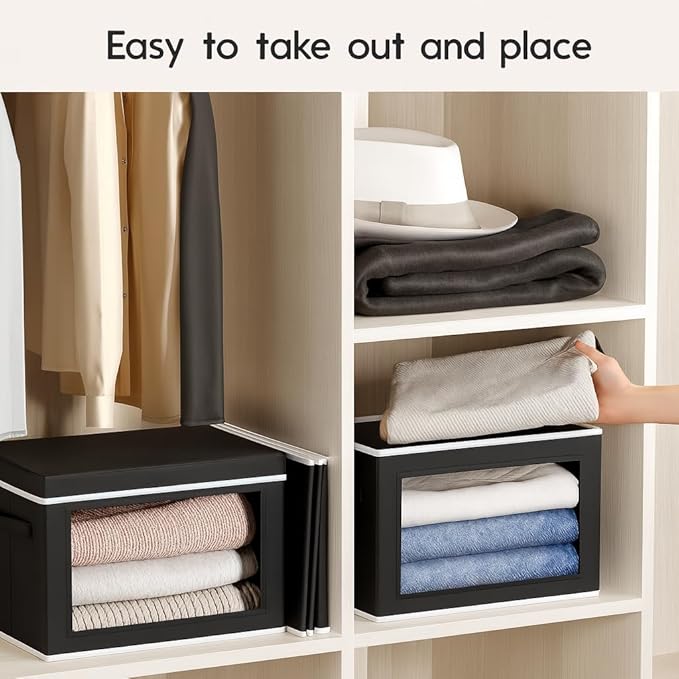 Collapsible Storage Bins with Lids - Stackable Storage Containers with Window, 15.7 Inch Fabric Organizing Bins for Closet, Home & Office Organization Baskets, Black, 3 Pack