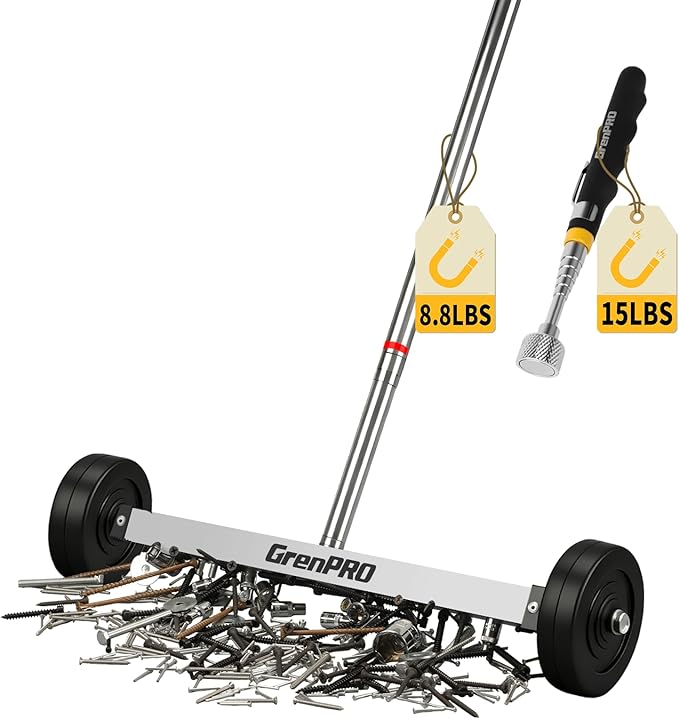 17" Rolling Magnetic Sweeper with Wheels,8.8 Lbs Pull Force,Telescoping Handle,2-Pack Includes Magnetic Pickup Tool for Construction,Workshop,Garage & Yard