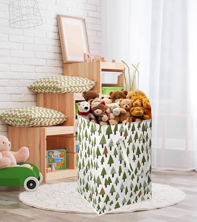 2 pack 75L Large Laundry Basket Green Laundry Hamper With Extended Handles, Freestanding Waterproof Clothes Hamper for Boys,Kids woodland decor, Nersery,Bedroom, Bathroom.(Green tree)