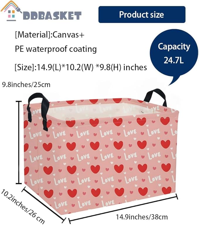 Rectangular Valentine's Day Baskets,Heart Basket,Pink Girls Basket Kids Storage Bin Love Room Decor for Home.(Cute love)