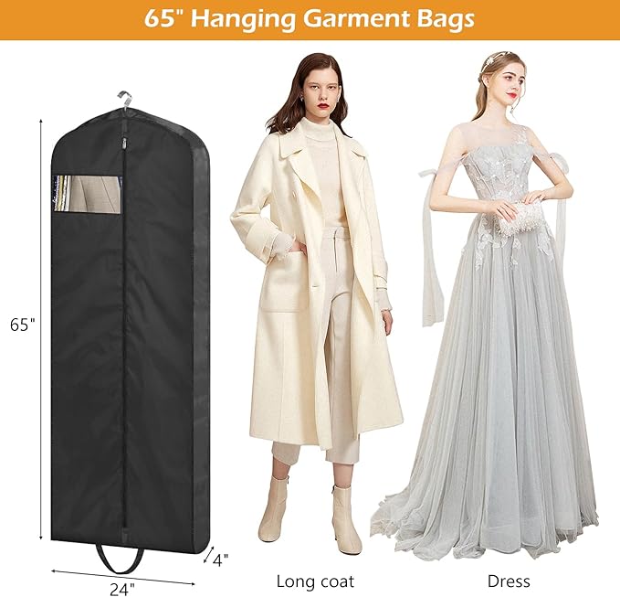 MISSLO 65" Gusseted Hanging Garment Bags for Travel Long Dress Cover Water Resistant Sturdy Fabric Dress Bags for Gowns Long Closet Clothes Protectors, Black