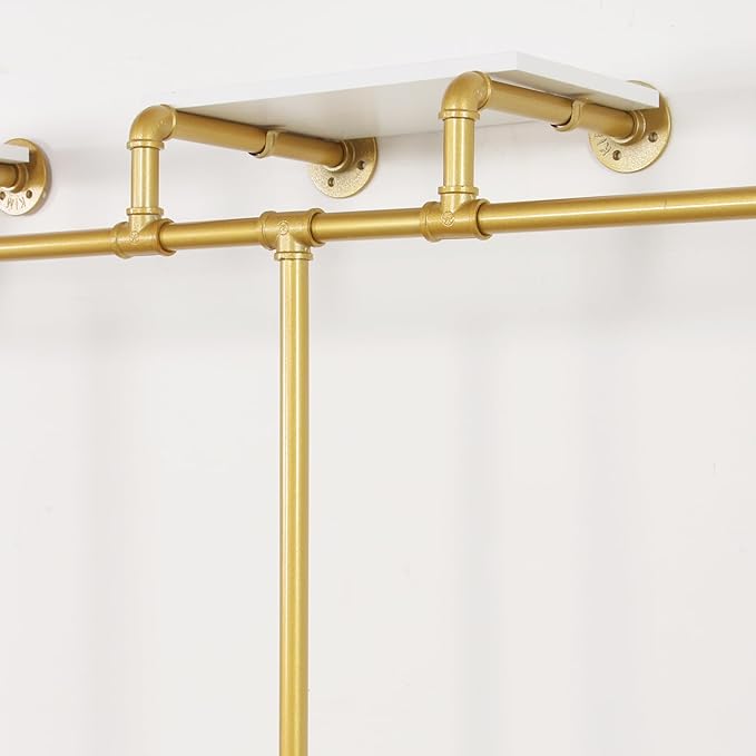 Gold pipe clothing rack for Hanging Clothes rack,Wall Mounted Clothes Rack With 2 Shelves,Heavy Duty Gold Industrial Pipe Clothing,Retail Display Closet Storage Clothes Organizer
