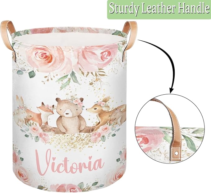Personalized Laundry Basket, Custom Gift Laundry Hamper, Collapsible Nursery Waterproof Laundry Baskets, Dirty Clothes Toy Hamper with Handles Pink Floral Bear Fox