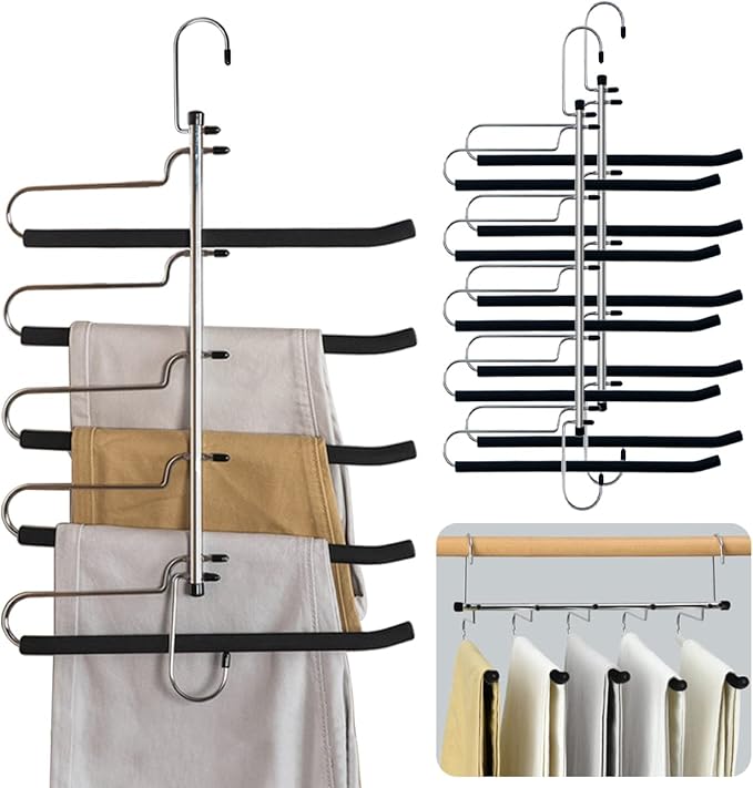 3 Pack Pants Hangers Space Saving Heavy Duty Magic Slacks Jeans Trouser Hanger, Non-Slip Foam Padded 5 Layers, Multi-Purpose Premium Metal Closet Organizer for Leggings