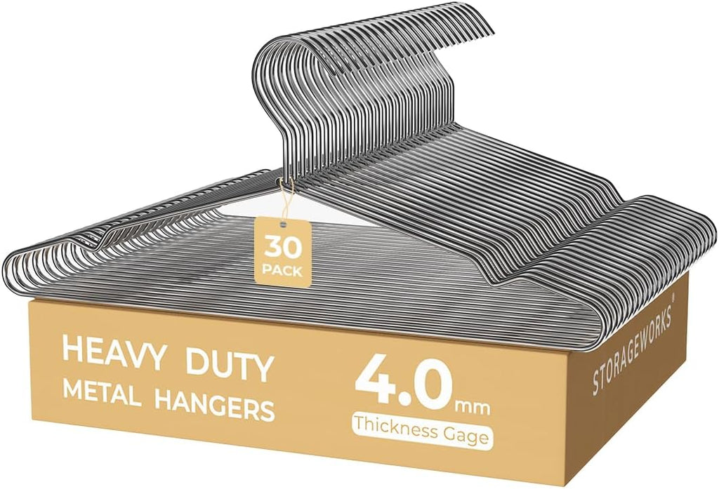 StorageWorks 4mm Super Thick Metal Wire Hangers, Heavy Duty Stainless Steel Clothes Hangers for Coats, Shirts Jackets, Pants, Suits, Space Saving Silver Hangers for Closet, 30 Pack