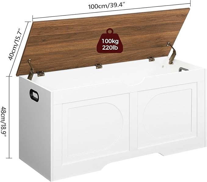 Storage Chest, 39.4” Toy Box, Entryway Storage Trunk, Shoe Bench with Storage, Engineered Wood Storage Cabinet with 2 Safety Hinges, Entrance Bench for Living Room, White + Walnut SCBZ2001