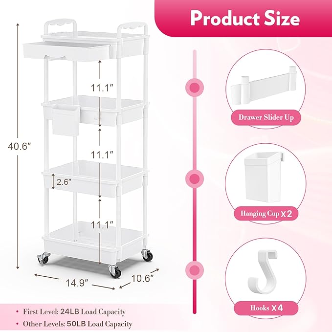 Makeup Cart Organizer with Drawers, 4 Tier Floor Skincare Organizers for Vanity, Rolling Makeup Bathroom Storage Cart Cosmetics Display Cases for Skin Care Perfume Nail Polish, White