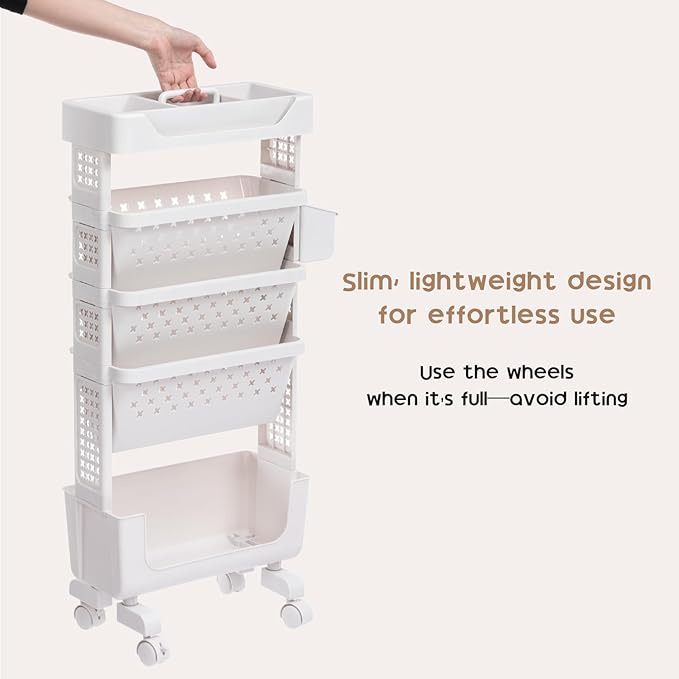 AGTEK 5-Tier Rolling Cart Study, Book Storage Cart, Magazine Rack, Slim Design, Top Shelf, Office Bookcase, Living Room Storage Rack, Large Capacity, Classroom, White