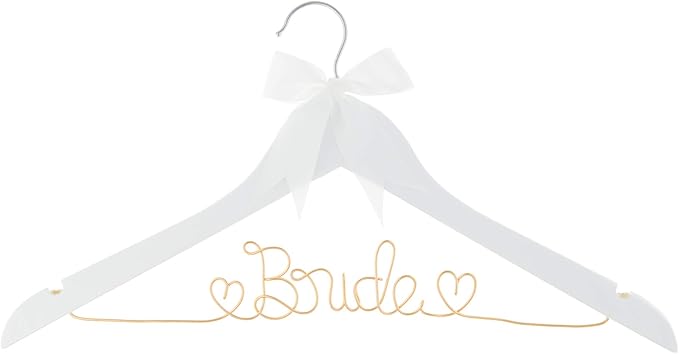 Bride to Be Wedding Dress Hanger Wooden and Wire Hangers for Brides Gowns, Dresses (White with Light Gold and Bow)