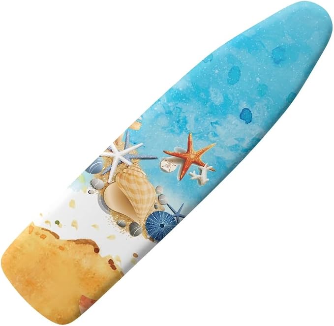 Beach Starfish Shells Non Stick Scorch Ironing Board Cover, Stain Resistant Easy to Install & Clean Fabric Iron Pad Covers with 3 Hooks and Loops for Living Room Decor