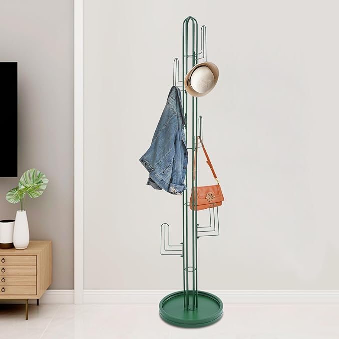 Cactus Coat Rack, Freestanding Coat Rack With 6 Hooks, Modern Metal Coat Racks with Round Base, Gold Cactus Shape Clothing Stand for Bedroom, Office (Green)