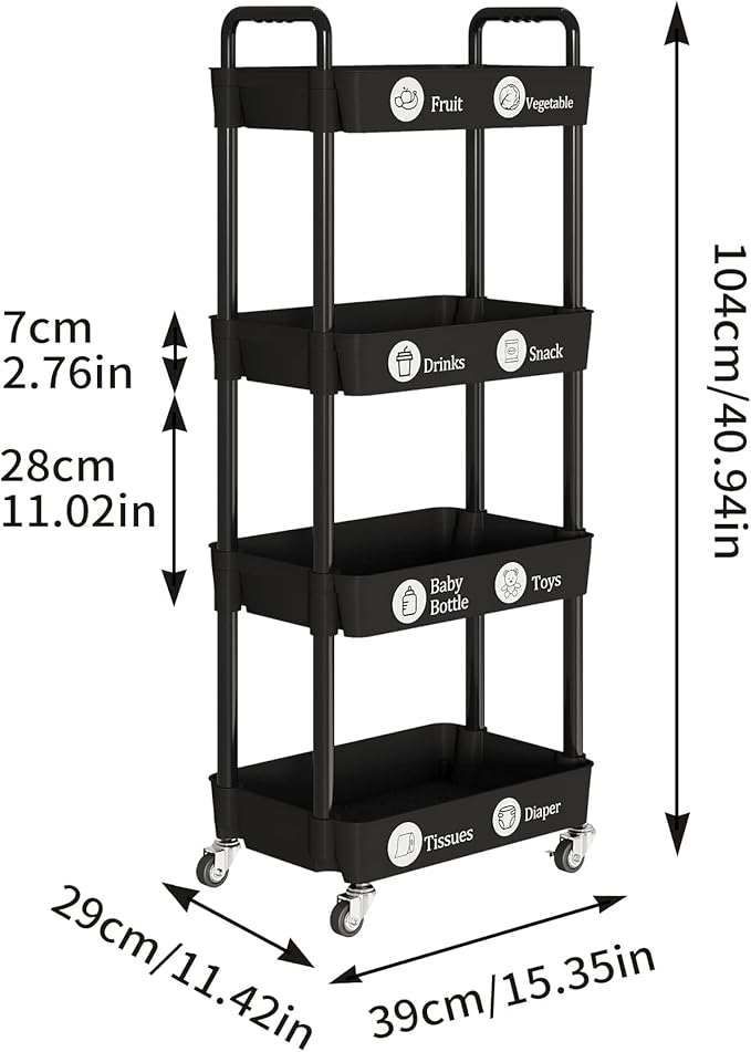 Laiensia 4-Tier Rolling Cart with Wheels,Multifunction Utility Storage Carts, Kitchen Storage Organizer,Mobile Shelving Unit for Bathroom,Laundry,with Classified Stickers,Black